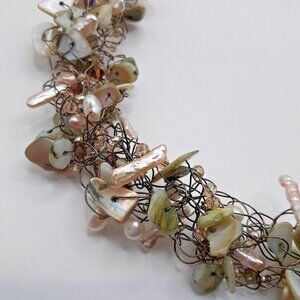 Artisan Wired Necklace Natural White Abalone Chips Hand Crafted Nautical